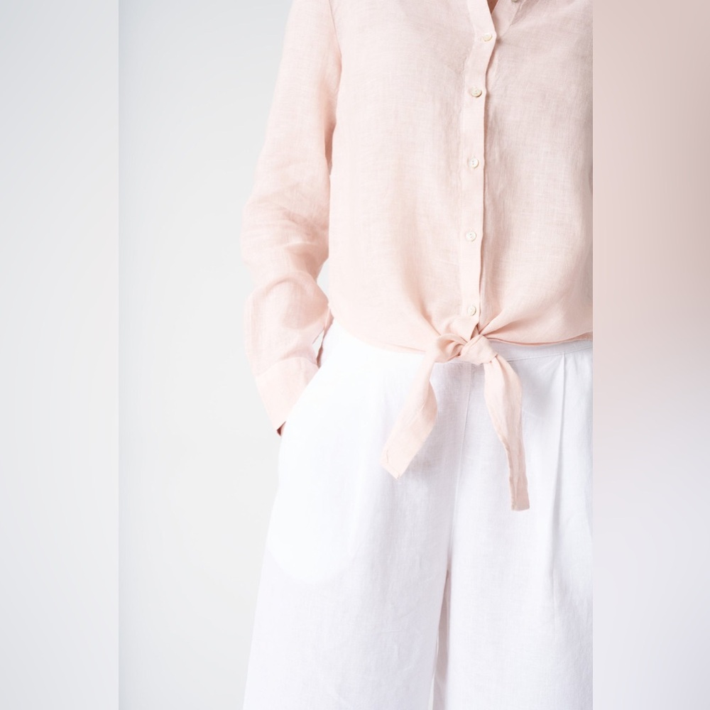 120% Lino Italian Light Pink Linen Tie-Front Button-Up Shirt - Picture 5 of 5